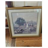 Vintage Framed Garden Bridge Print  Victorian Lady