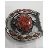 Western Horseshoe Belt Buckle with Red Stone Accen