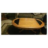 Oak Coffee Table with Glass Inlays & Carved Pedest