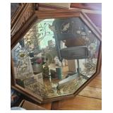 Octagonal Floral Etched Beveled Wall Mirror with W