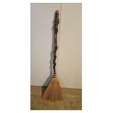 Hand-Carved Wood Walking Stick with Straw Broom