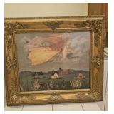 Framed Folk Art Angel Over Farm Scene  Custom McK
