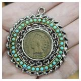 1902 Indian Head Cent Turquoise-Style Beaded Penda