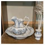 Vintage Semi-Porcelain Blue & White Wash Basin & P