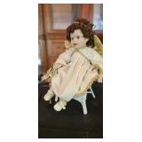 Porcelain Angel Doll with Gold Wings, Trumpet & Mi