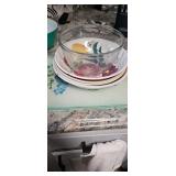 4 Hand-Painted Ceramic Bowls + Glass Bowl