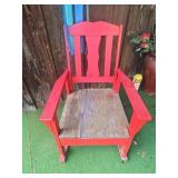 Red Wood Rocking Chair With Slatted Back