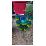 Blue-Green Glass Pitcher With 6 Matching Glasses