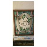 Floral Stained Glass Panel in Wood Frame