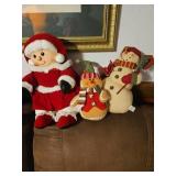 Mrs. Claus and Two Plush Snowman Figures