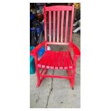 Red Wooden Slat-Back Rocking Chair