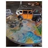 Metal Car Bank and Wood Panel Toy Car Model