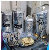 Old Country Home Metal Canister Set & Utensils