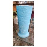 Blue Satin Glass Vase with Floral Relief