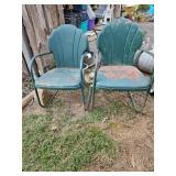 Pair Green Metal Shell Back Patio Chairs