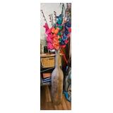 Tall Brown Glass Bottle Vase with Faux Flowers