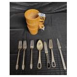 Vintage Military Eating Utensils & 3 Army cups