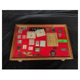 various German pins/stamps/display case
