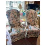 Pair Upholstered Wingback Chairs Floral Bird Print