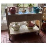 White Wicker Cart with Two Drawers on Casters