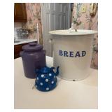 Enamel Bread Box, Purple Jar, Blue Polka Teapot