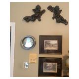 Wall Decor Lot: Cherubs, Prints, Ships Clock