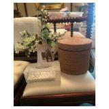Lot: Wicker Basket, Glass Cover, Horse Vase