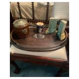 Green Marble Bookends, Tin, and Wood Biscuit Jar