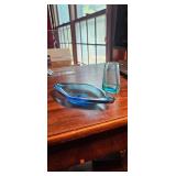 Blue Art Glass Dish and Small Square Vase