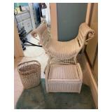 White Wicker Scroll Arm Chair with Baskets Set