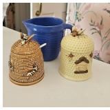 Beehive Honey Pots and Blue Pottery Pitcher