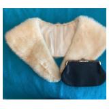 Cream Fur Stole and Black Evening Purse