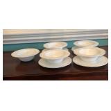 4 White Embossed Soup Bowls and 5 Plates