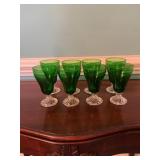 8 Green Glass Goblets With Clear Bases