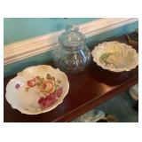 Glass Jar With Lid & 2 Decorative Porcelain Bowls
