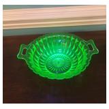 Green Uranium Glass Two-Handled Serving Bowl
