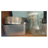 Glass Carafes Decanters and Metal Bakeware Lot