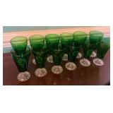 12 Green Glass Cups with Clear Bases