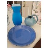 Blue Stoneware Plate, Glass Vase, Sterling Jug