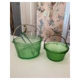 Green Pressed Glass Ice Buckets With Tongs