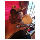Wooden Elephant Figurine and Ammonite Fossil