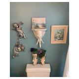 Wall Decor Lot: Angels, Elephant Shelf, Art