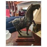 Wooden Horse Figurine with Saddle on Base