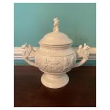 White Ceramic Lidded Soup Tureen w Griffin Handles