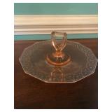 Pink Depression Glass Etched Handled Serving Plate