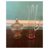Pressed Glass Candy Dish and Tall Glass Pitcher