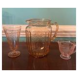 Pink Depression Glass Pitcher, Tumbler, Creamer