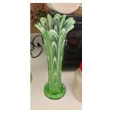 Green Slag Glass Vase with Ruffled Rim