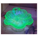 Leaf-Shaped Uranium Glass Handled Dish
