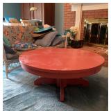 Round Red Wooden Coffee Table With Pedestal Base